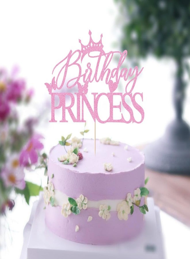 Auteby Glitter Birthday Princess Cake Topper - Happy Birthday Cake Topper for Crown Girl Party Decoration (pink) - Image 1